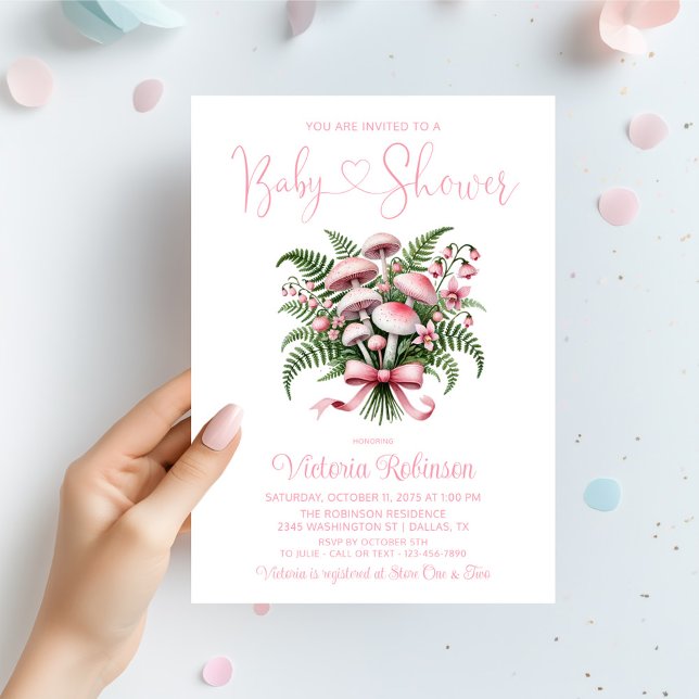 Rosa Mushroom Bouquet Girl Baby Shower Inbjudningar (Pink mushroom bouquet baby shower invitation with mushrooms, flowers and ferns and pretty pink bow.)