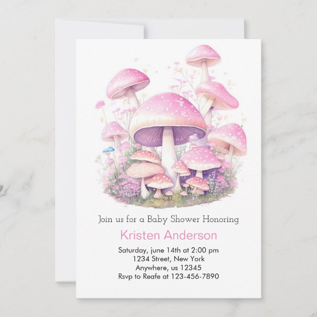 Rosa Mushroom Whimsical Woodland Girl Baby Shower Inbjudningar (Framsida)