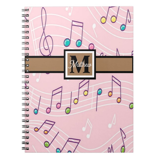 Rosa Music Note Musician Monogram Anteckningsbok (Framsidan)
