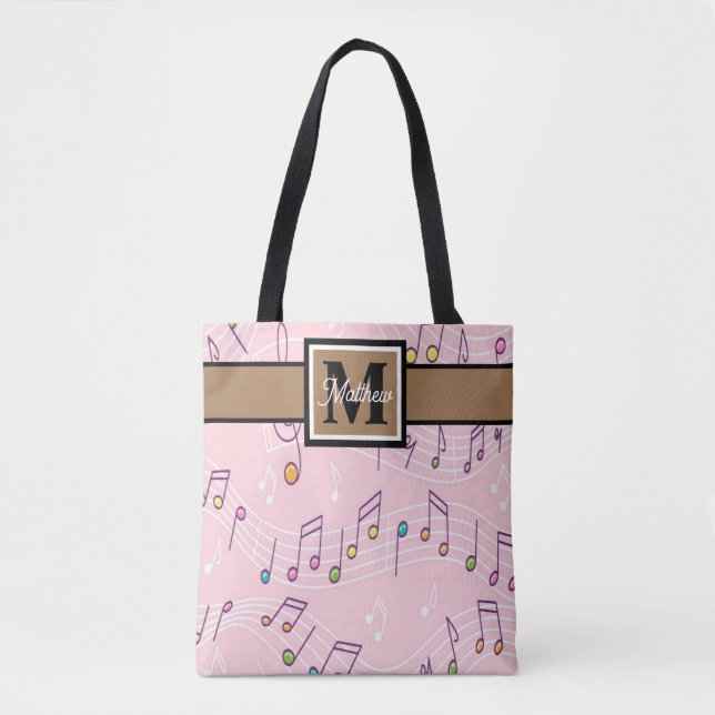 Rosa Music Note Musician Monogram Tote Bag Tygkasse (Framsida)