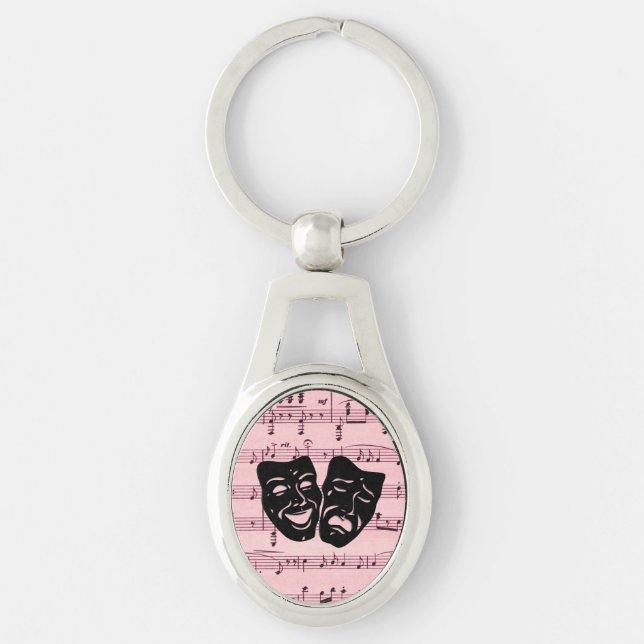Rosa musik- och teatermasker ovalt silverfärgad nyckelring (Framsidan)