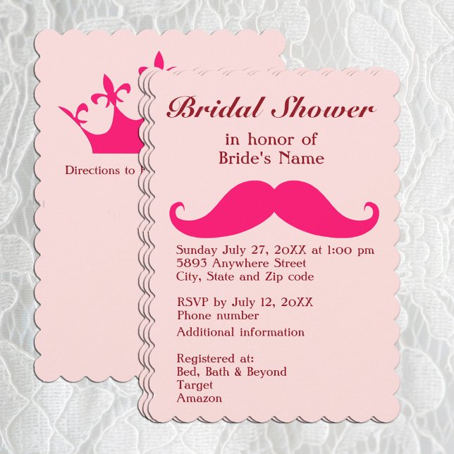 Rosa Mustache och Tiara Inbjudningskort för möhipp (Pink Mustache and Tiara Bridal Shower Invitation)
