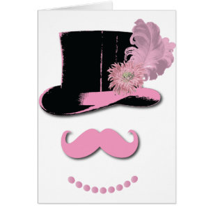 Rosa mustasch, top hat, fjädrar och blomma hälsningskort
