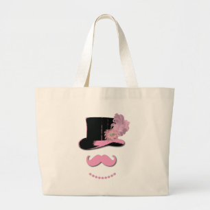 Rosa mustasch, top hat, fjädrar och blomma jumbo tygkasse