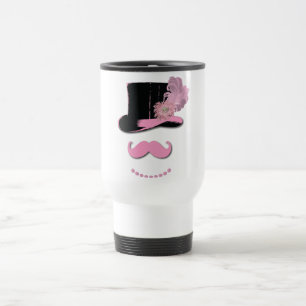 Rosa mustasch, top hat, fjädrar och blomma resemugg