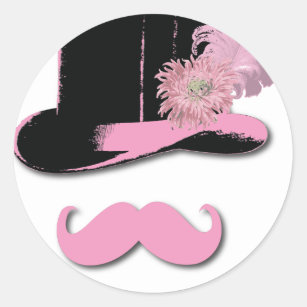 Rosa mustasch, top hat, fjädrar och blomma runt klistermärke