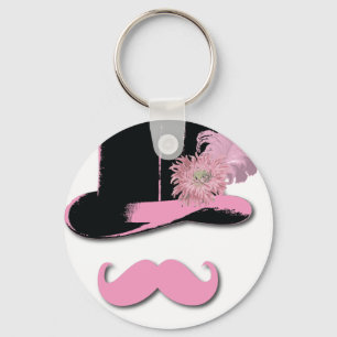 Rosa mustasch, top hat, fjädrar och blommor nyckelring