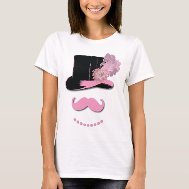 Rosa mustasch, top hat, fjädrar och blommor t shirt (Framsida)