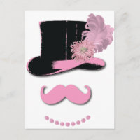 Rosa mustasch, top hat, fjädrar och blommor