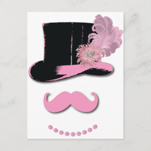 Rosa mustasch, top hat, fjädrar och blommor vykort