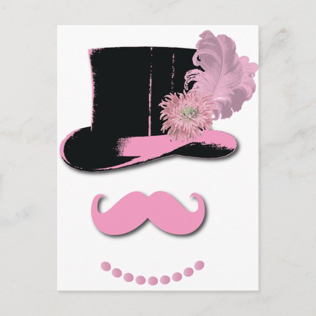 Rosa mustasch, top hat, fjädrar och blommor vykort (Framsida)