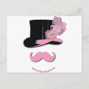 Rosa mustasch, top hat, fjädrar och blommor vykort