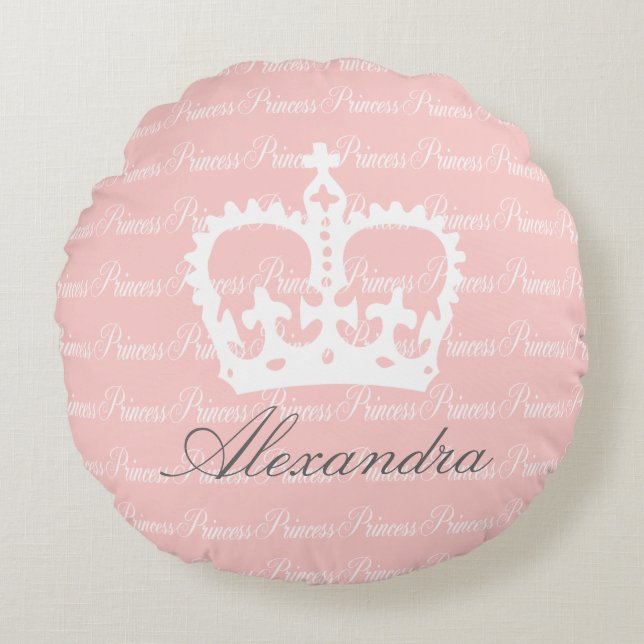 Rosa-n-White Princess Custom Name Rund Kudde (Framsidan)