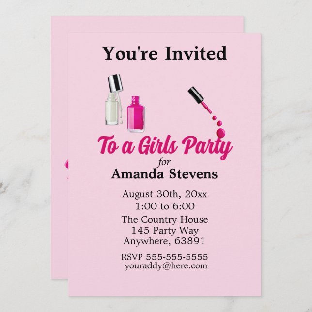 Rosa nagellack Pyjamasparty inbjudan (Fram/baksida)