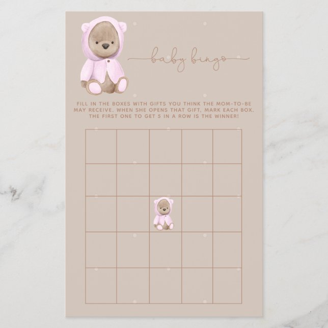 Rosa Nalle Baby Shower Bingo Game Flygblad (Framsidan)