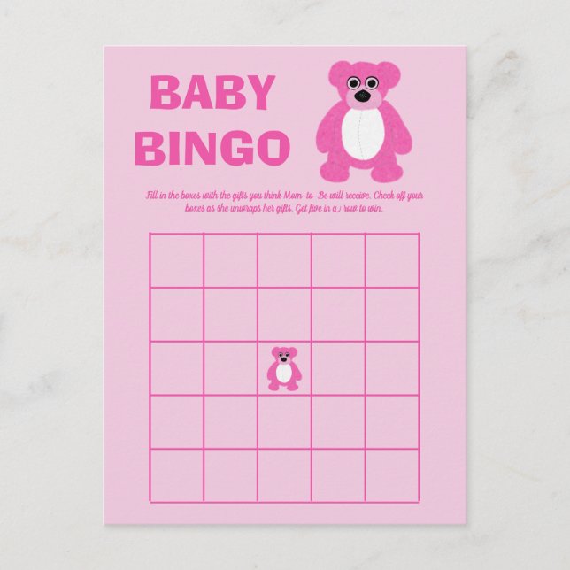 Rosa Nalle Baby Shower Bingo-spelkort Meddelande Vykort (Framsida)
