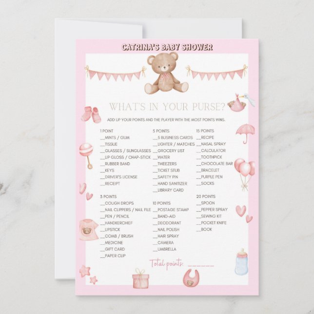 Rosa Nalle Baby Shower - Editable Namn, 5x7 Inbjudningar (Framsida)