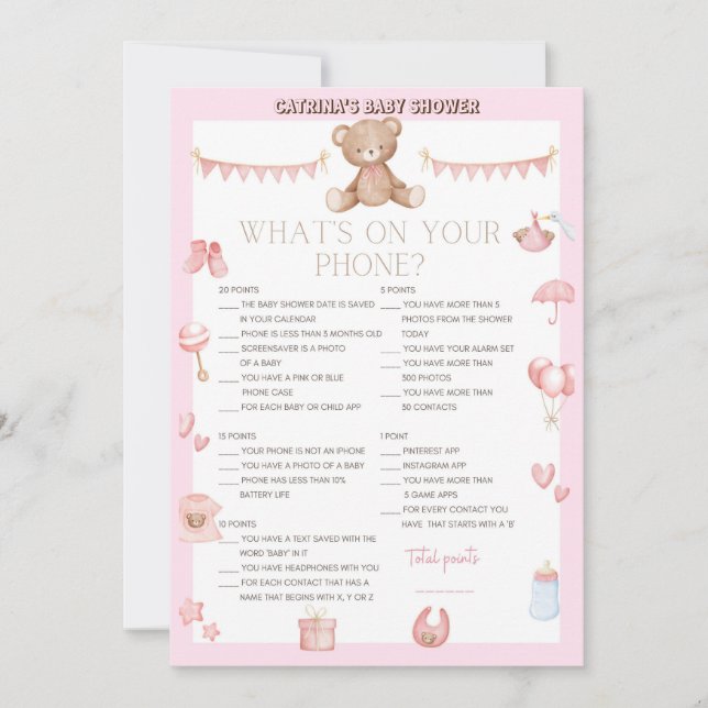 Rosa Nalle Baby Shower - Editable Namn, 5x7 Inbjudningar (Framsida)