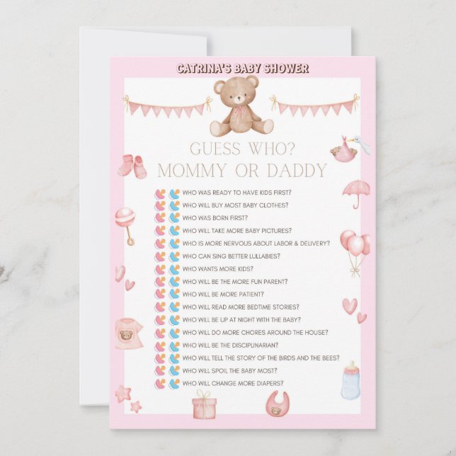 Rosa Nalle Baby Shower - Editable Namn, 5x7 Inbjudningar (Framsida)