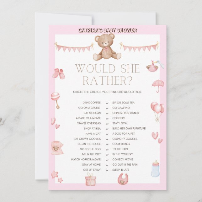 Rosa Nalle Baby Shower - Editable Namn, 5x7 Inbjudningar (Framsida)