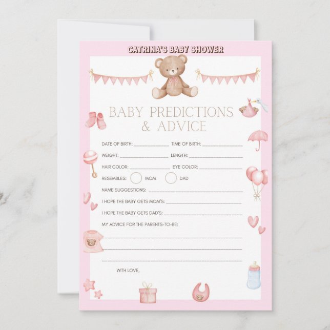 Rosa Nalle Baby Shower - Editable Namn, 5x7 Inbjudningar (Framsida)