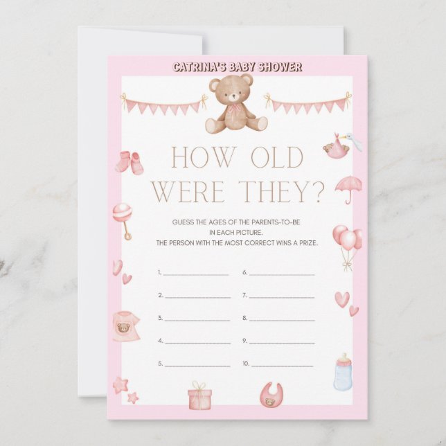 Rosa Nalle Baby Shower - Editable Namn, 5x7 Inbjudningar (Framsida)