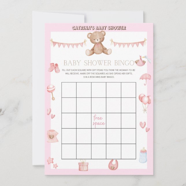 Rosa Nalle Baby Shower - Editable Namn, 5x7 Inbjudningar (Framsida)