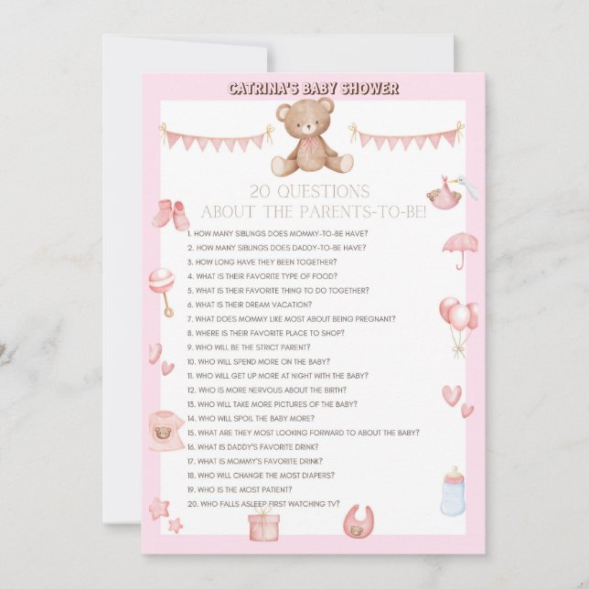 Rosa Nalle Baby Shower - Editable Namn, 5x7 Inbjudningar (Framsida)