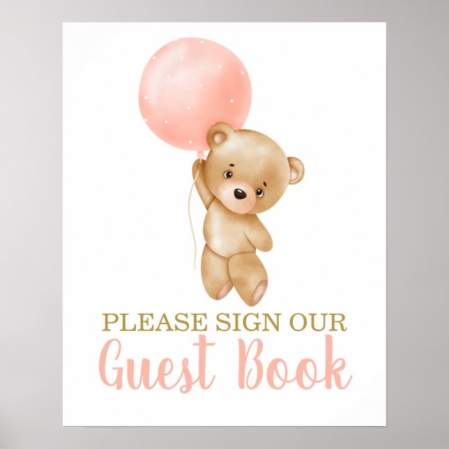 Rosa Nalle Baby Shower Girl Girl Sign Guest Bok Poster (Framsidan)