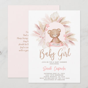 Rosa Nalle Baby Shower Girl-inbjudan för flickor Inbjudningar