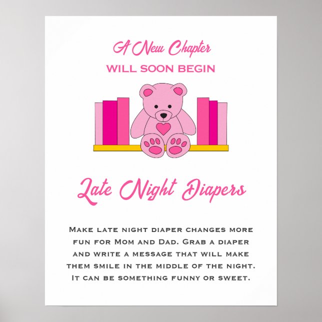 Rosa Nalle Baby Shower Late Night Diaper Poster (Framsidan)