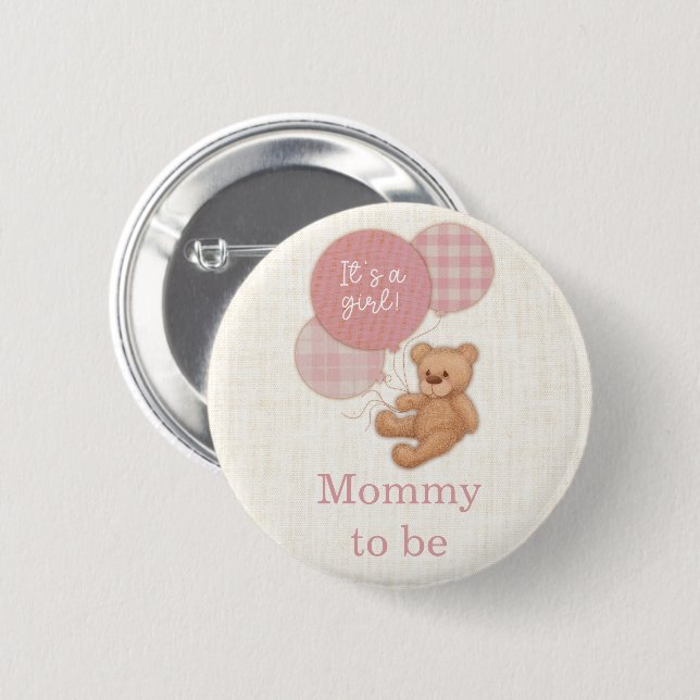 Rosa Nalle Baby Shower Mamma ska vara Knapp (Framsida & baksida)