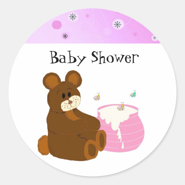 Rosa Nalle Baby Shower Runt Klistermärke (Framsida)