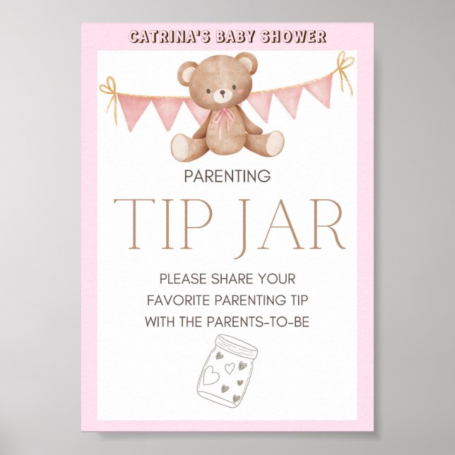 Rosa Nalle Baby Shower-skylt Poster (Framsidan)