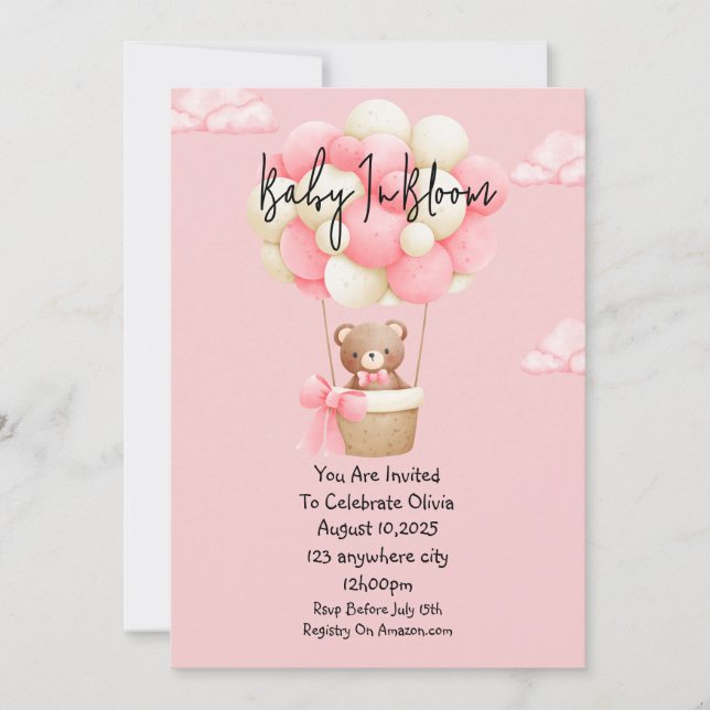 rosa nalle babydusch inbjudningar (Framsida)