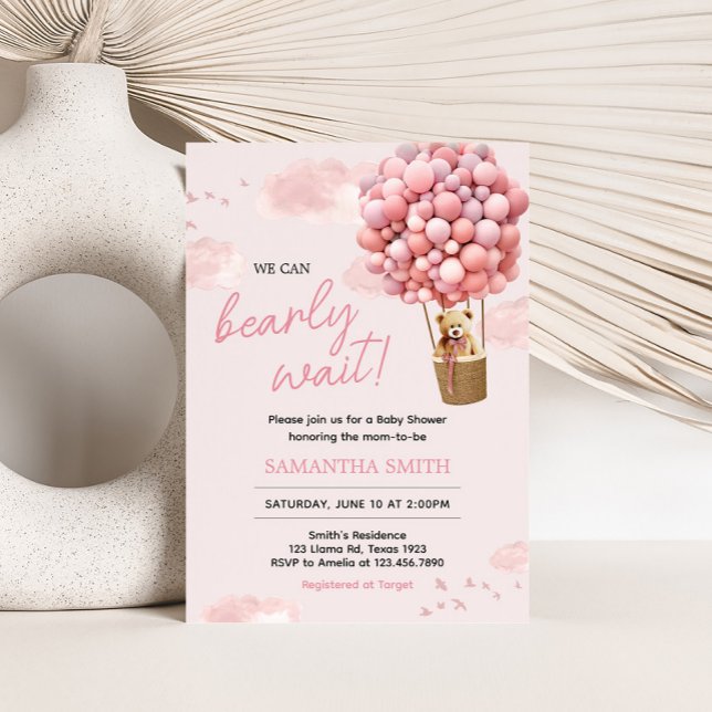 Rosa Nalle Ballon Baby Shower Inbjudningar (Pink Girl Teddy Bear Balloon Baby Shower Invitation
)