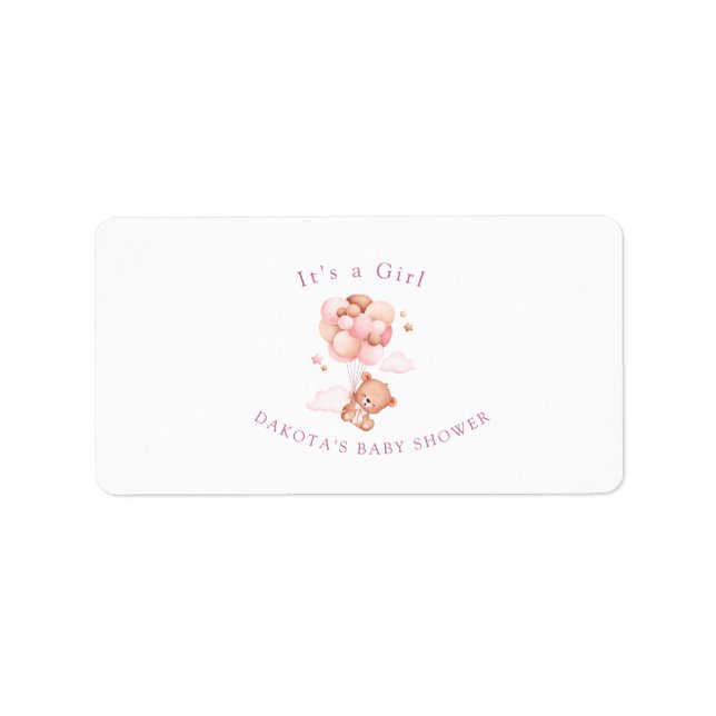 Rosa Nalle Ballon Baby Shower-Returadress Adressetikett (Framsidan)