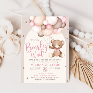 Rosa Nalle Ballon Barly Wait Baby Shower Inbjudningar