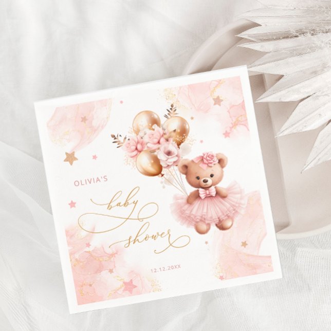 Rosa Nalle Ballon Barly Wait Baby Shower Pappersservett (Skapare uppladdad)