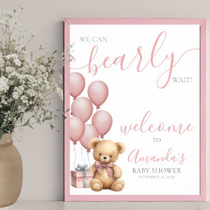 Rosa Nalle Ballong Baby Shower Välkommen Poster