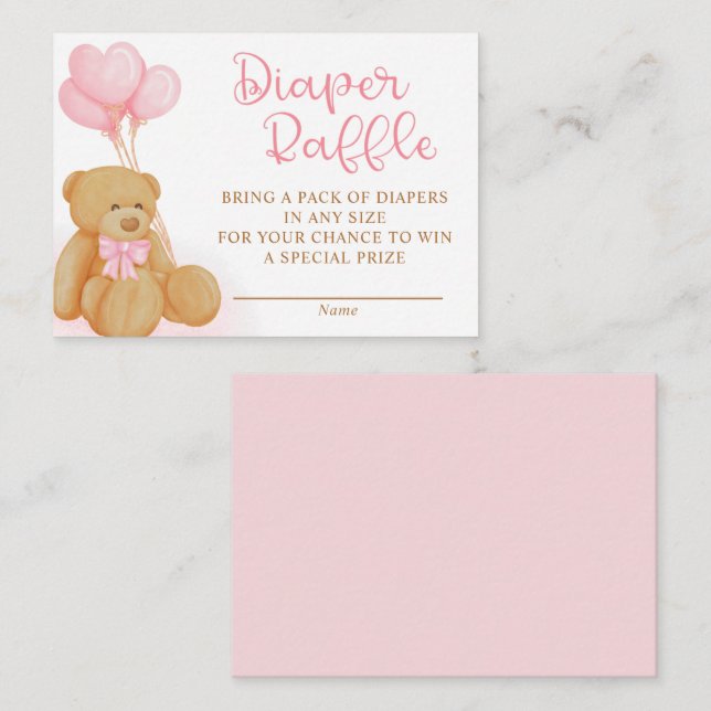 Rosa Nalle Ballonger Diaper Raffle Tilläggskort (Fram/baksida)