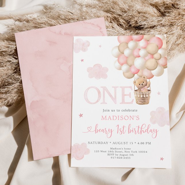 Rosa Nalle Balloon Beary First Birthday Inbjudningar (Skapare uppladdad)