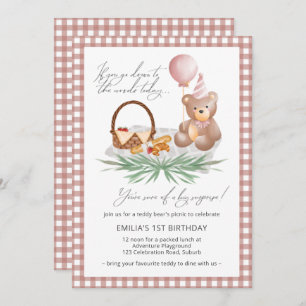 Rosa Nalle Balloon Picnic 1:a födelsedag   Inbjudningar