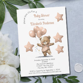 Rosa Nalle Balloons Stars Girl Baby Shower Inbjudningar