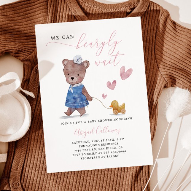 Rosa Nalle Barly Wait Baby Shower Inbjudningar (Skapare uppladdad)