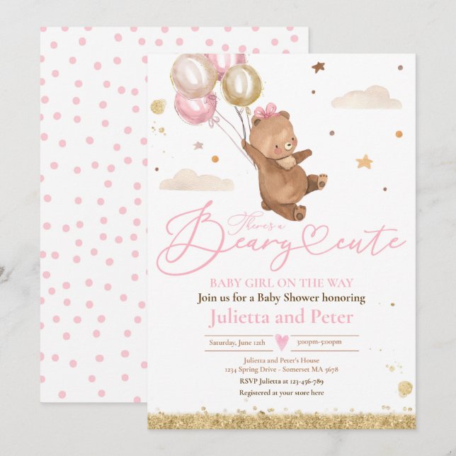Rosa Nalle Beary Cute Flicka på vägen Inbjudningar (Fram/baksida)