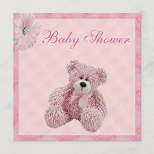 Rosa nalle- & blommaflicka baby shower inbjudningar