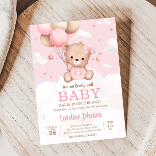 Rosa Nalle Clouds Balloon Baby Shower Inbjudningar