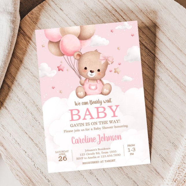 Rosa Nalle Clouds Balloon Baby Shower Inbjudningar (Pink Girl Teddy Bear Clouds Balloon Baby Shower Invitation)