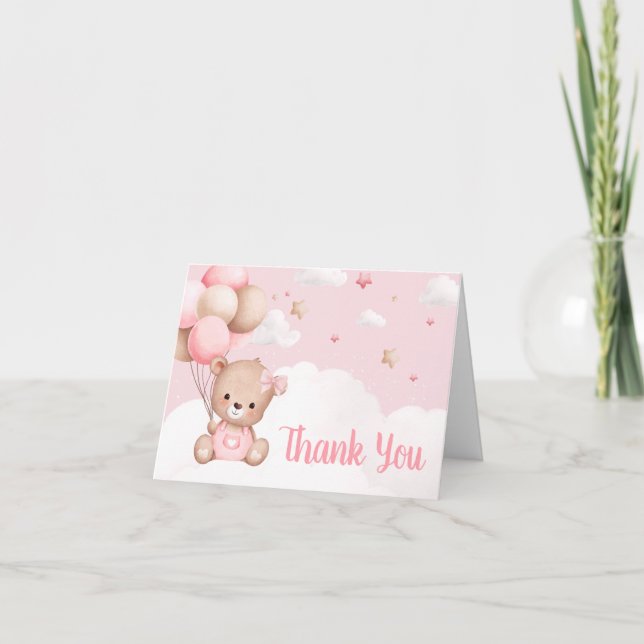 Rosa Nalle Clouds Balloon Baby Shower Tack Kort (Framsida)